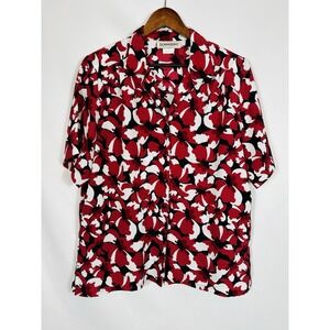 DonnKenny Womens Button Up Blouse Size L Tropical Red Floral Short Sleeve Beach